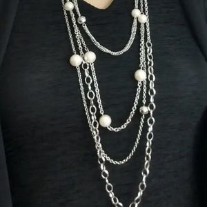 Premier Designs Multi Strand Faux Pearl Long Silver Tone Chain Necklace 25-28"